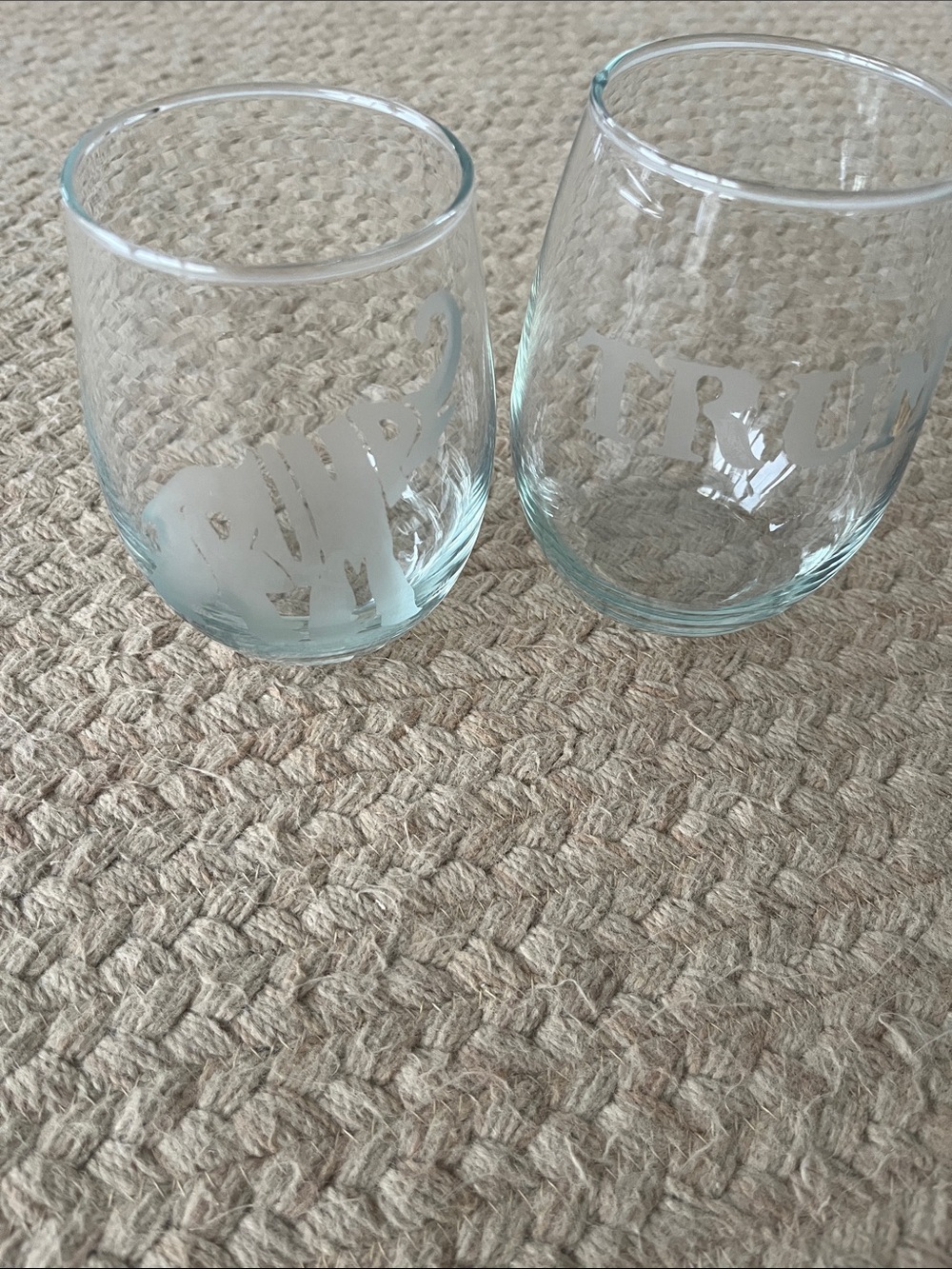 Set of 2 Clear Etched Stemless Wine Glasses with Elephant and Script